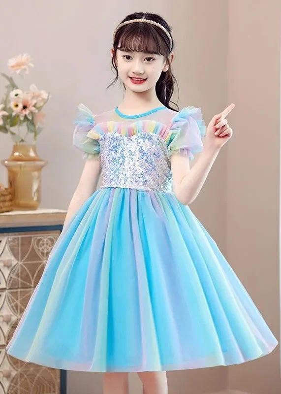 Best Online Clothing Boutiques New Light Blue Ruffled Sequins Patchwork Tulle Baby Girls Party Dress Summer