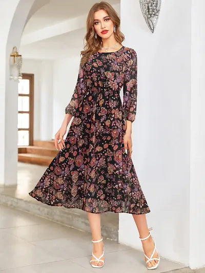 Trendy Street Style Attire Stylish Black Georgette Printed Fit And Flare Dress For Women