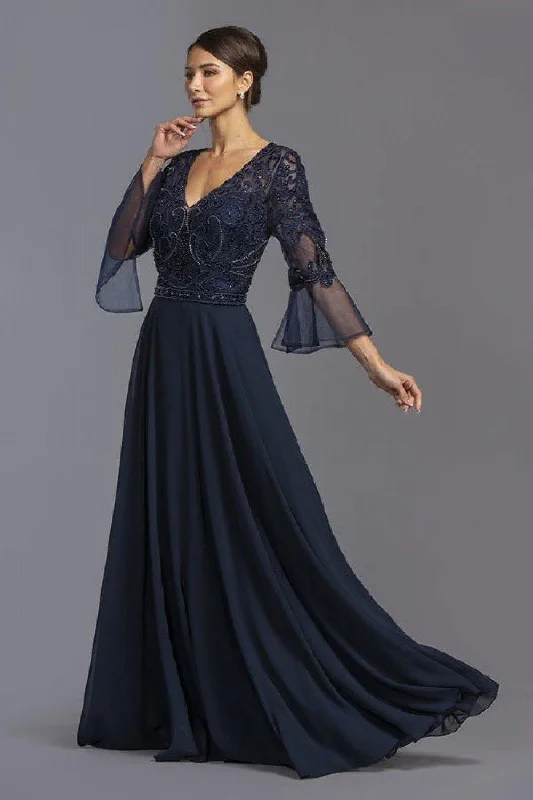 Comfort First Women's Wear V-Neck Bell Sleeves Long Formal Dress Navy Blue