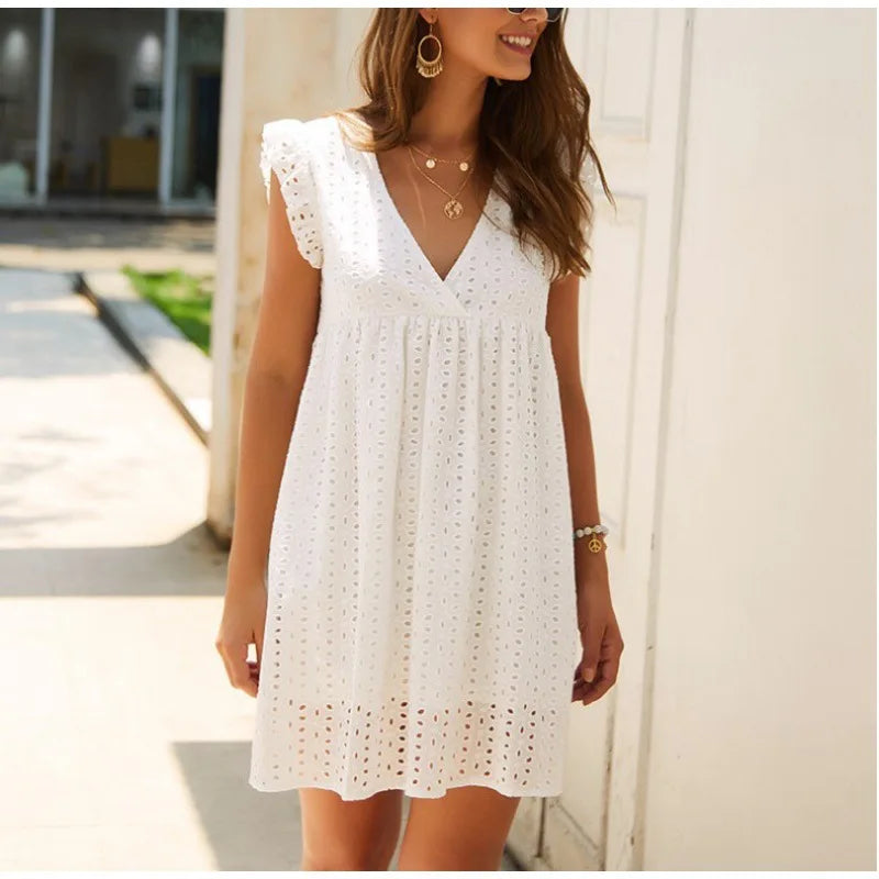 Fashion Forward Femininity Casual Hollow Short Flying Sleeves Summer Women's 2024 New V-neck Lace Lining Mini Dress