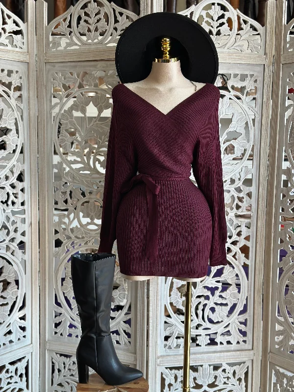 Flash Sale Starts Dark Burgundy Wrapped Sweater Mini Dress- Stretchy,Estira