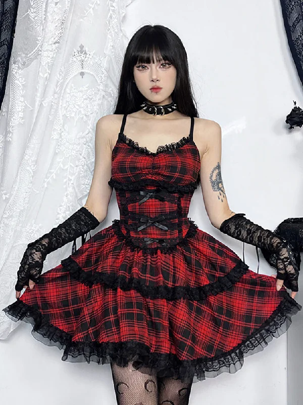 Fashionista Favorites Plaid Lace Mall Party A-Line Backless Goth Emo Black Dress Punk Grunge Up Mini Dress