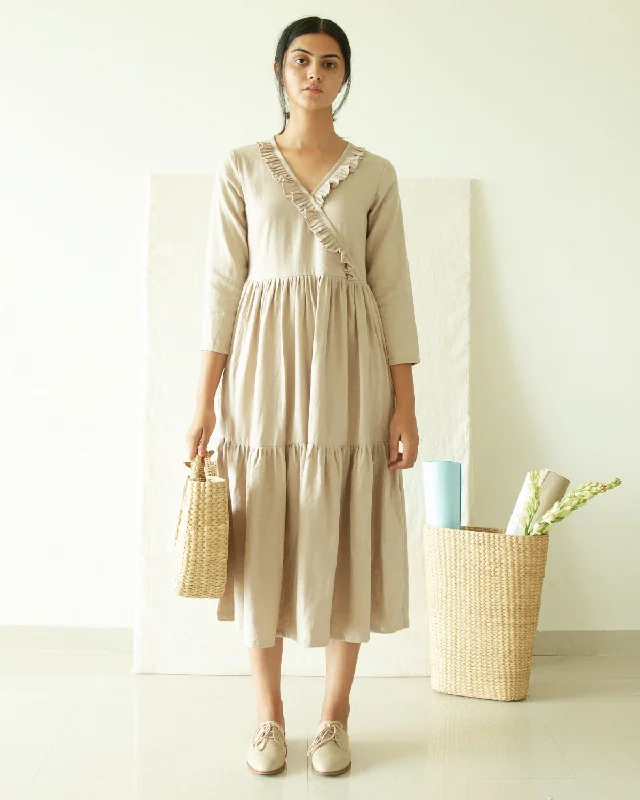 Workwear Fashion for Women Beige V Neck Tier Dress