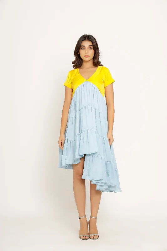 Vintage Retro Party Wear Yellow-Ice Blue Asymmetrical Dress