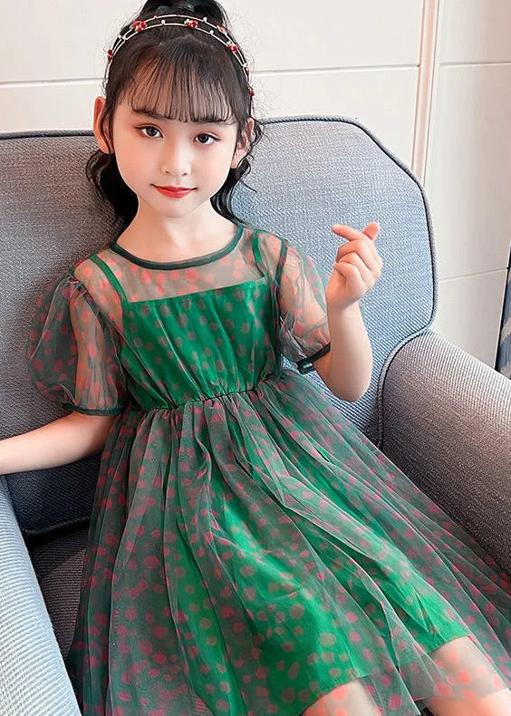 Festival Fashion Unique Green O-Neck Dot Patchwork Tulle Girls Long Dress Summer