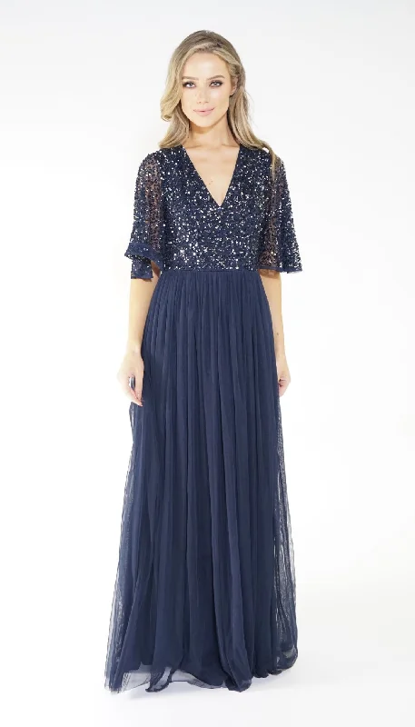 Comfortable Chic NAVY V NECK TULLE DRESS