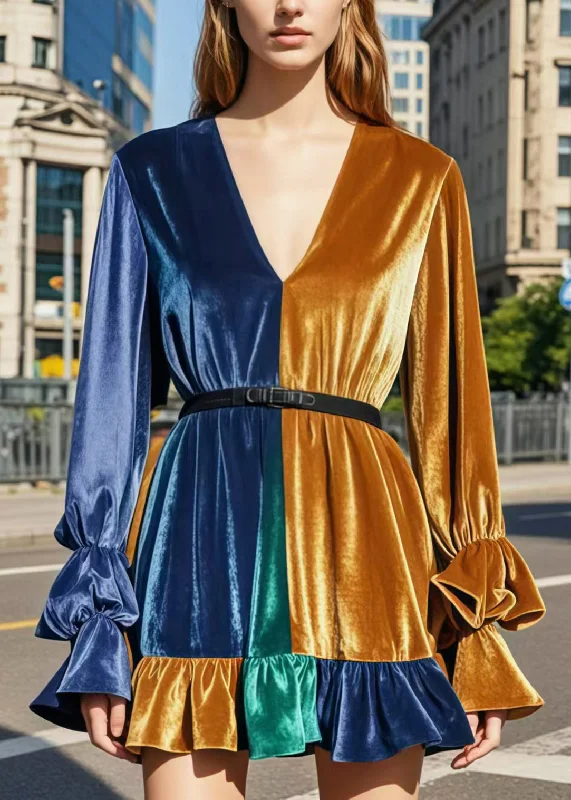 Women Online Clothing Boutiques Italian Colorblock V Neck Patchwork Ruffled Silk Velvet Mini Dress Spring