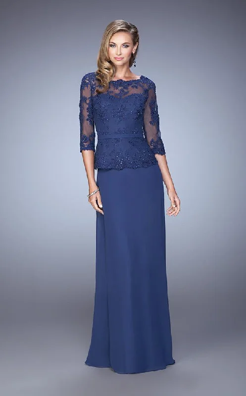 Vintage Style Deals La Femme - Floral Lace Bateau Quarter Length Sleeves Long Dress 21709SC