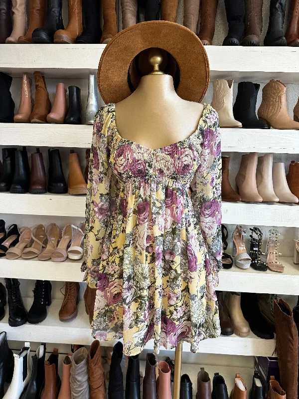 Limited Time Offer Purple Floral Bell Sleeve Dress