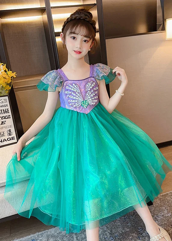 Online Boutiques Affordable DIY Fluorescent Green Sequins Patchwork Tulle Baby Girls Party Dress Summer