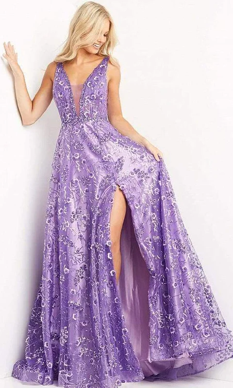 Modern Chic Discounts Jovani - 08422 Floral Applique Slit A-line Dress
