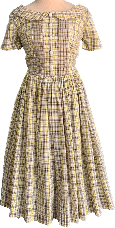 Fashion-Forward Women's Clothing 1950s Yellow & Brown Gingham Pan Collar Dress   w29