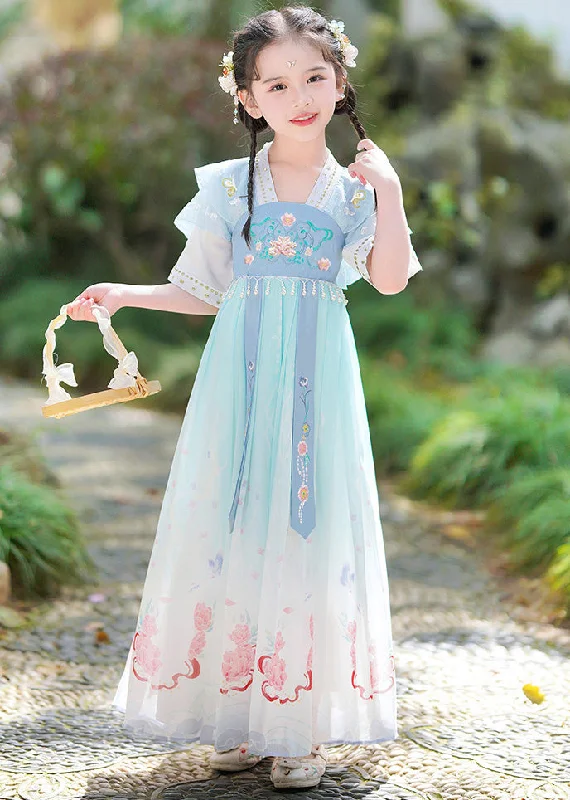 Online Boutiques Unique Blue V Neck Embroideried Tassel Kids Girls Maxi Dresses Short Sleeve