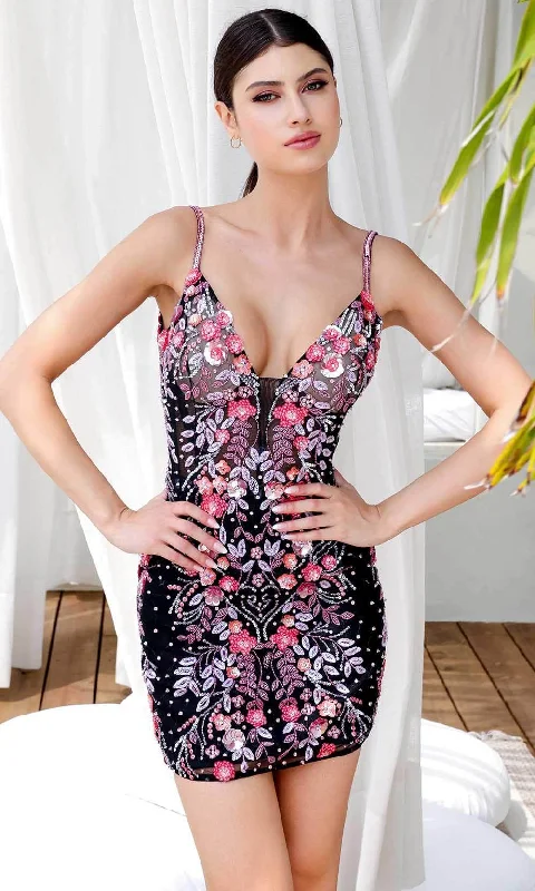 Day-To-Night Styles Primavera Couture 4212 - Floral Sequin Plunging Cocktail Dress