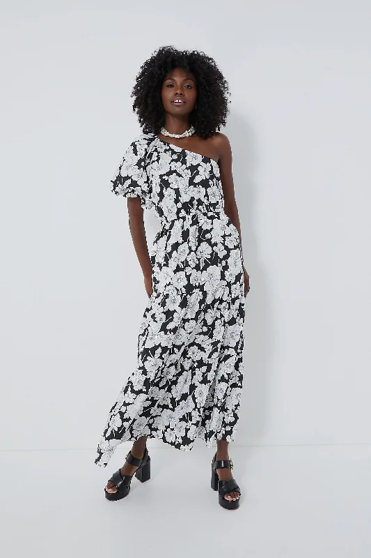 End Of Season Sale Black & White Floral One Shoulder Maureen Maxi Dress