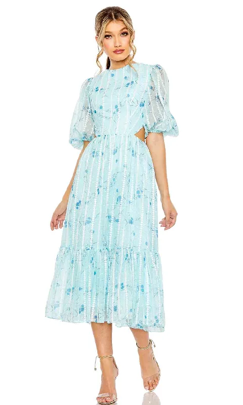 Latest Fashion Ieena Duggal 49602 - Lace Up Puff Sleeve Floral Dress