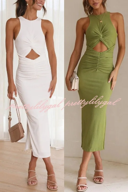 Best Boutiques Online Crushing All Night Ribbed Front Cut Out Ruched Stretch Midi Dress