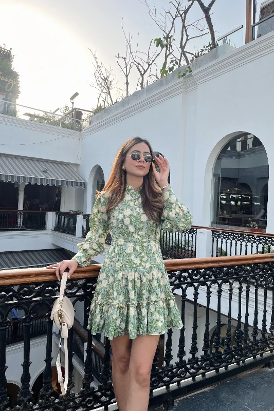 Trendy Women's Fashion Cowper Green & Yellow Printed Cotton Collared Dress