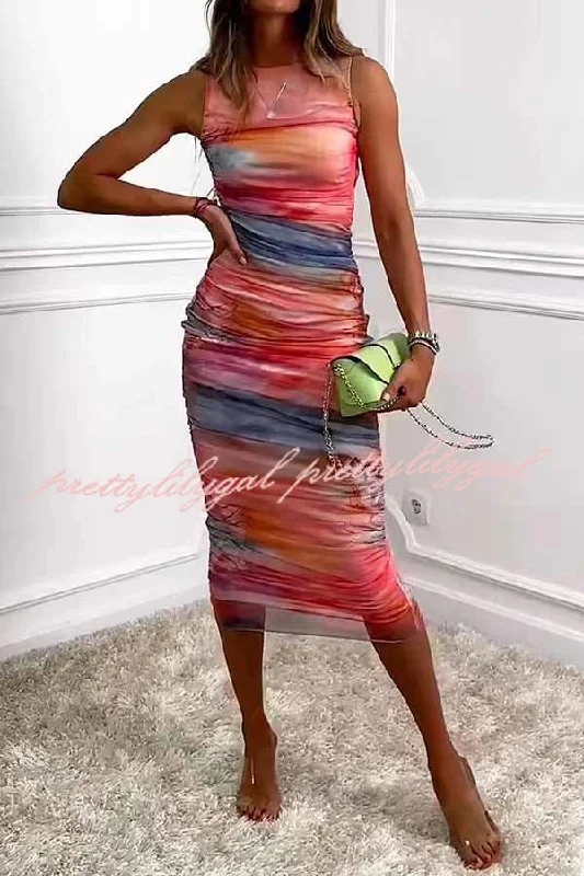 Discount Price Locking Eyes Mesh Tie-dye Print Ruched Midi Dress