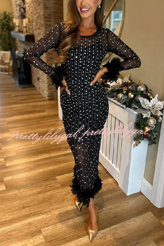 Trend Setting Wardrobe Sexy Long Sleeve Round Neck Feather Edge Rhinestone Decoration Slim Fit Maxi Dress