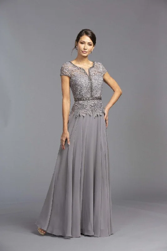 Trendy Street Style Attire Short Sleeved Beaded A-Line Long Formal Dress Gray