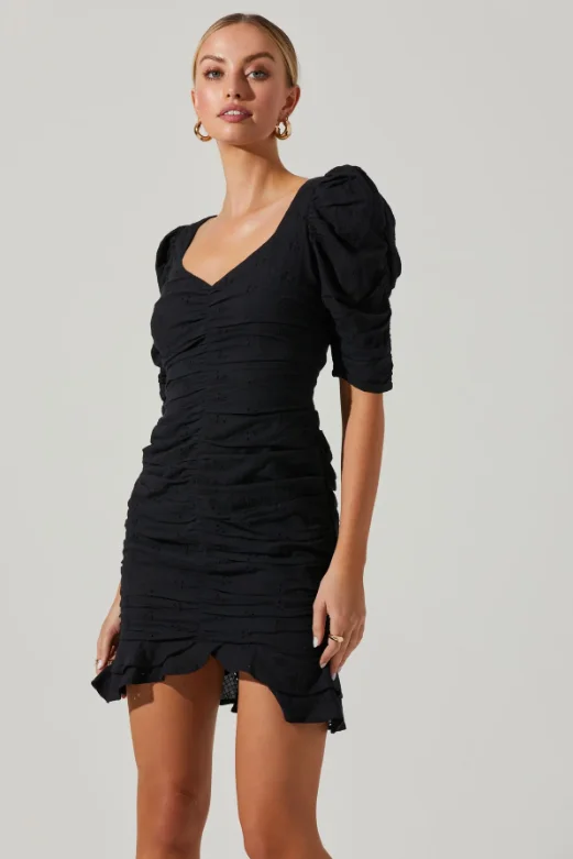 Sale For Women Black Eyelet Ruched Puff Sleeve Loiza Mini Dress