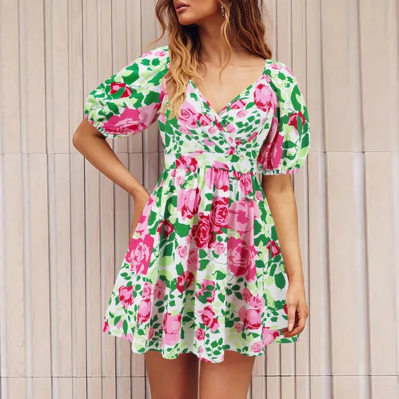 Limited Time Offer Elegant Floral Print Summer Women's V-Neck Short Puff Sleeve Lace-up Beach Holiday Mini Dress