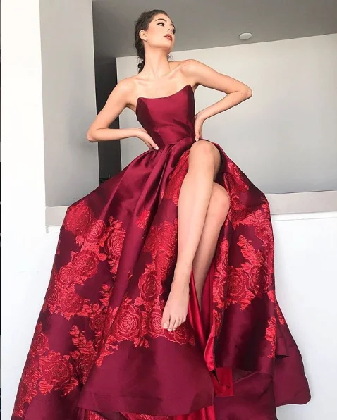 Spring Fashion Jovani 02038 Floral Ballgown Long Print Prom Dress Slit Strapless Designer V Points Neckline