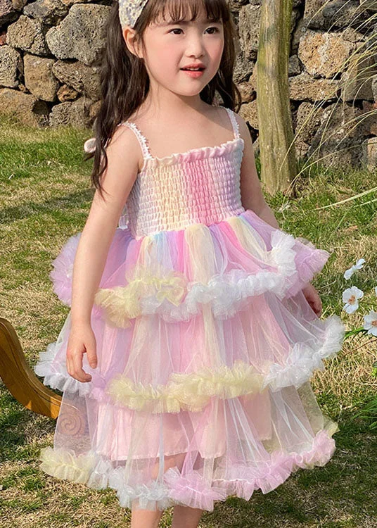 Women's Fashion Clothing Lovely Rainbow Ruffled Layered Patchwork Tulle Baby Girls Dresses Sleeveless