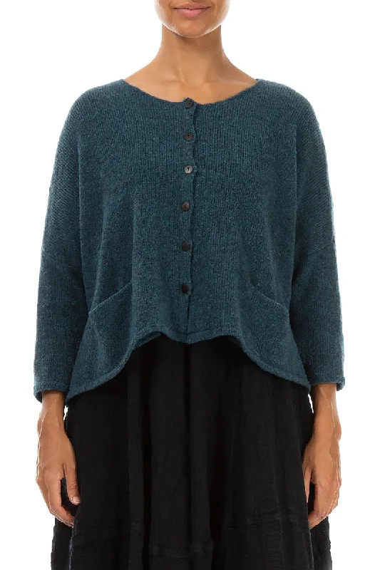 Athleisure Wear Short Loose Teal Wool Cardigan