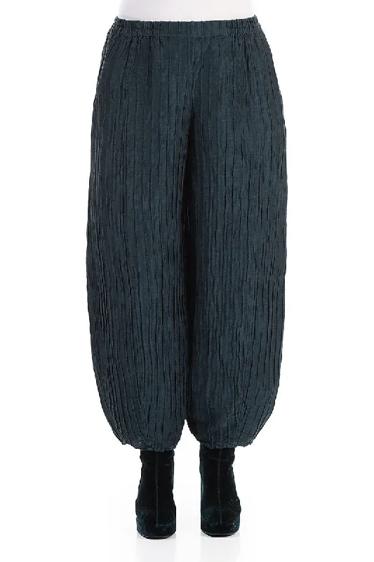 Unleash Your Trend Driven Style Taper Midnight Blue Crinkled Silk Linen Trousers