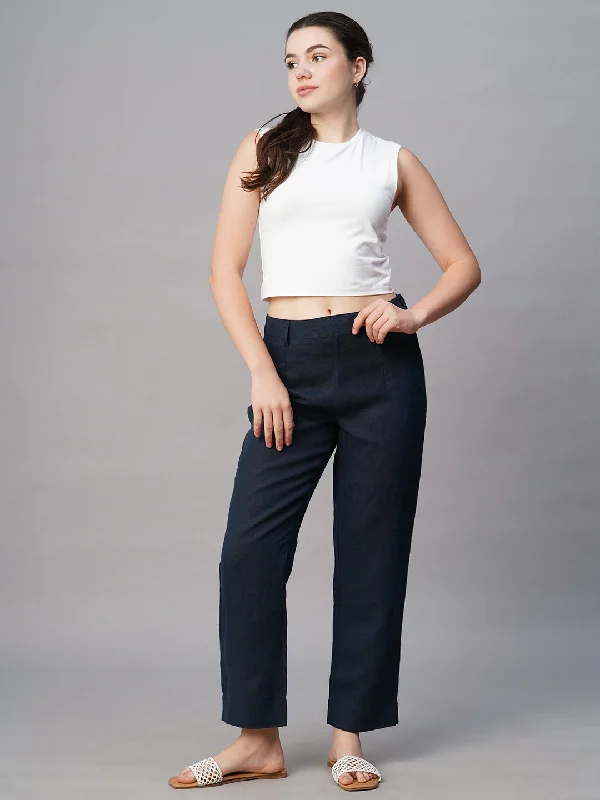 Stylish Women’s Clothes for Work and Play Women's Navy Linen Regular Fit Pant