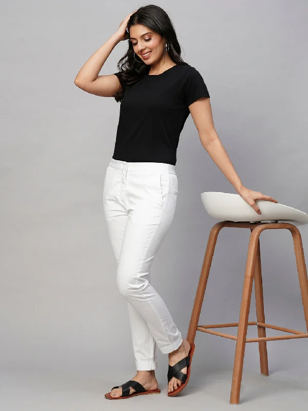 High-Quality Women’s Fashion Dresses Women's White Cotton Lycra Slim Fit Pant