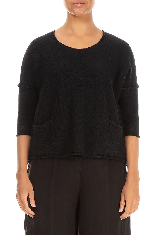 Online Shopping Boutiques Two Pockets Black Linen Jumper