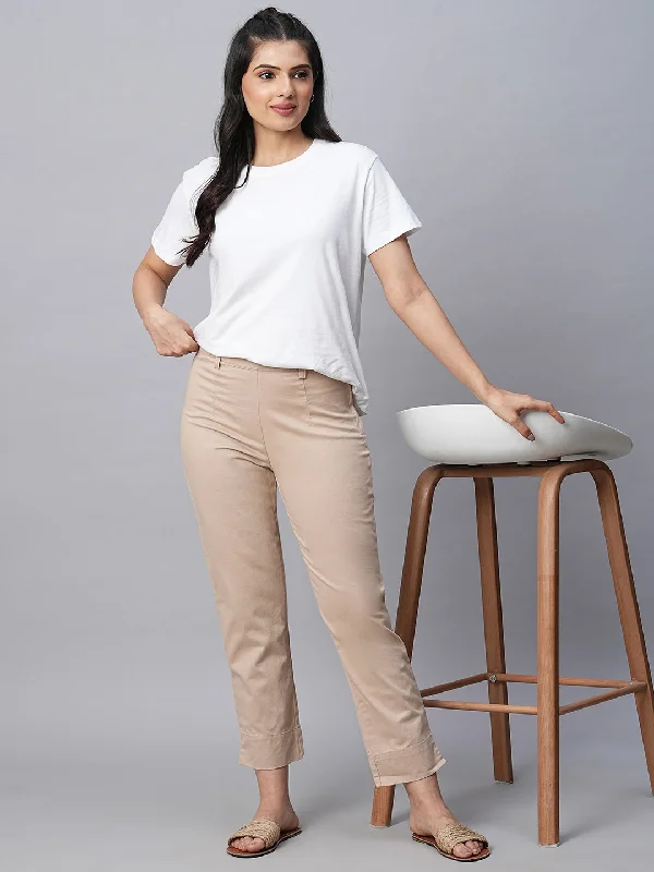 Comfort First Women's Wear Women's Beige Cotton Lycra Regular Fit Pant