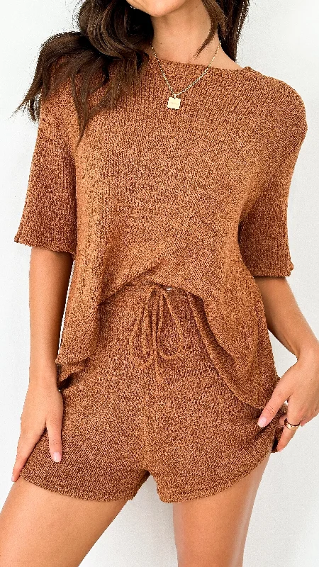 Women's Clothing Sale Habiba T-Shirt and Shorts Set - Brown Knit