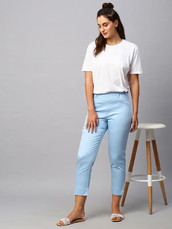 Explore What's New Women's Blue Cotton Lycra Regular Fit Pant