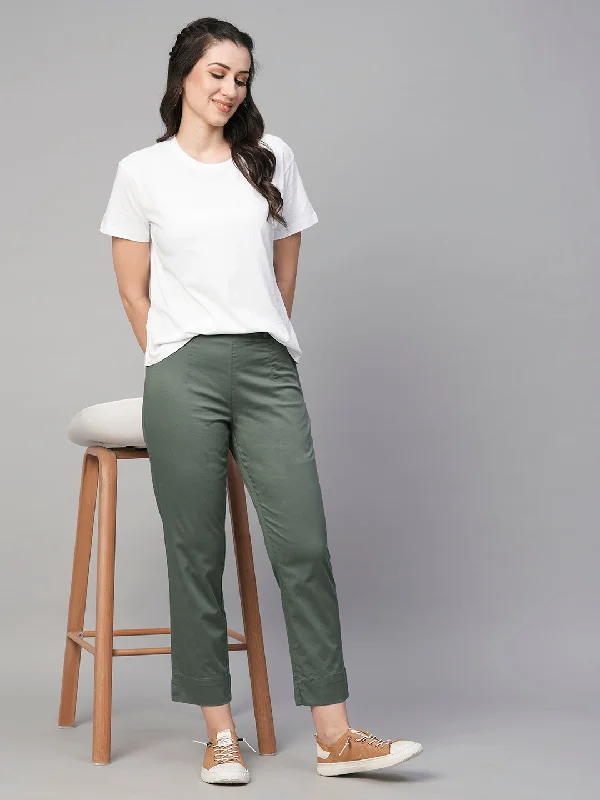 Women Clothing Women's Grey Cotton Elastane Regular Fit Pant