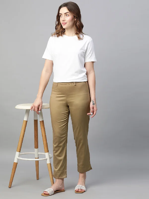 Current Trends Women's Khaki Cotton Elastane Regular Fit Pant