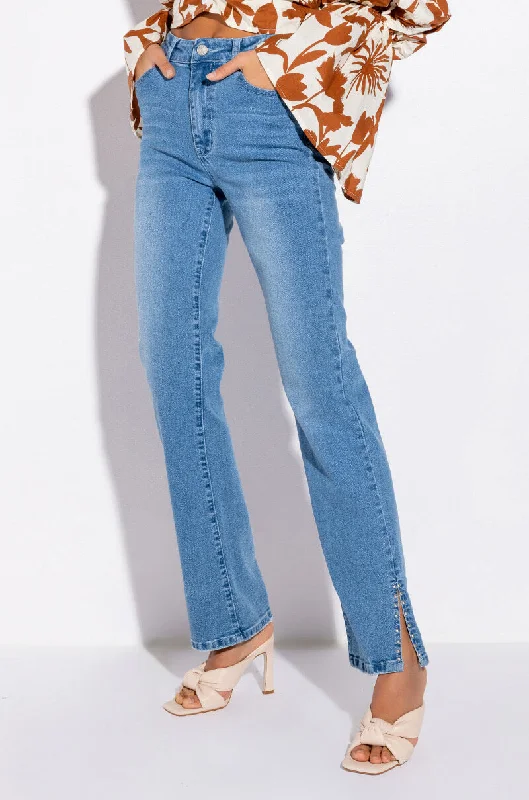 Trendy And Individual Women's Fashion ELEVATED MID RISE STUD SLIT STRAIGHT JEANS