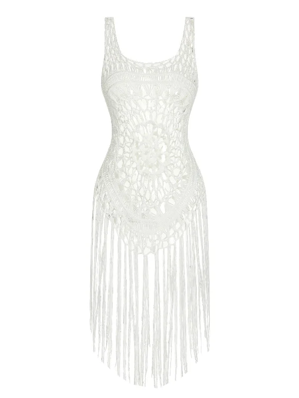 Daily Essentials White 1950s Knitted Tassel Hollow Cover-Up