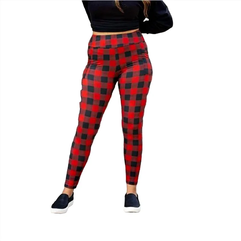 Signature Style Essentials Plaid Leggings In Red/black