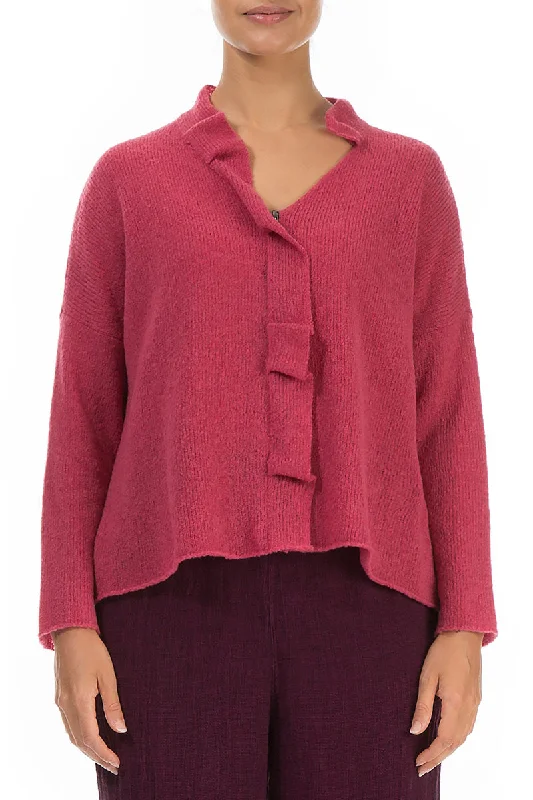 Women Wear Brands Frilled Neck Pink Punch Wool Cardigan